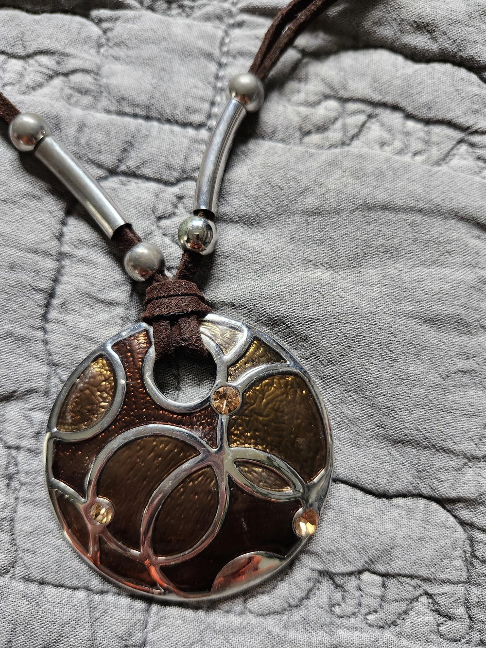 Tocara Brown and Gold Circular Pendant Necklace with Suede Cord